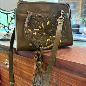 Patricia NashGreen leather small Crossbody Bag with Floral Pattern and Tassels